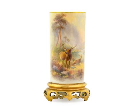 A Royal Worcester Porcelain Vase, by Harry Stinton, 1934, of cylindrical form, painted with a stag and doe in a highland lake