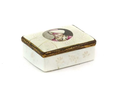 A Gilt Metal Mounted Enamel Snuff Box and Cover, possibly German, mid 18th century, painted with the bust of a bearded gentle