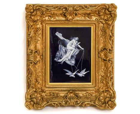 A Limoges Enamel Style Porcelain Plaque, by Thomas Bott, 1885, painted with Venus and Cupid in a chariot drawn by two doves, 