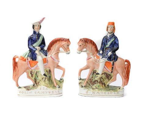 A Pair of Staffordshire Pottery Figures of Sir Colin Campbell and G Havelock, mid 19th century, each on horseback on titled b