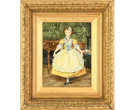 A Minton Art Pottery Plaque, circa 1875, decorated with a young girl wearing a yellow and blue dress, standing before a piano