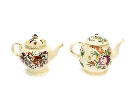 A Leeds Creamware Teapot and Cover, circa 1775, of ovoid form with pierced gallery to shoulders and entwined strap handle, pa