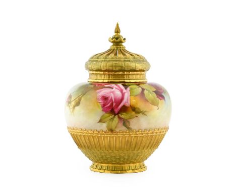 A Royal Worcester Porcelain Pot Pourri Vase, Pierced Cover and Inner Cover, by Frederick Bray, circa 1915, of ovoid form with