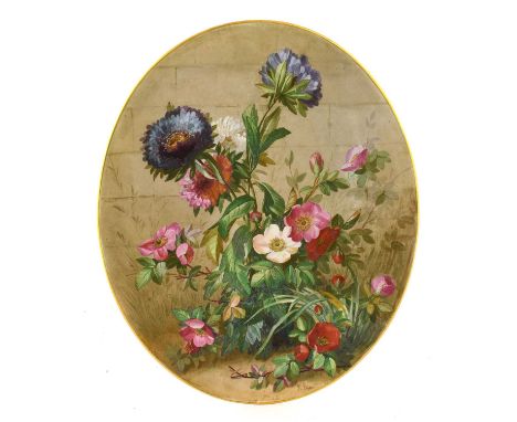 An English Porcelain Plaque, by R Bier, circa 1880, of oval form, painted with a spray of summer flowers against a stone wall