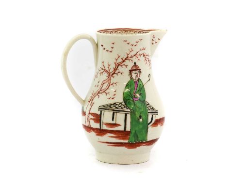 A John Pennington Liverpool Porcelain Sparrowbeak Jug, circa 1770, painted in coloured enamels with two Oriental figures in a