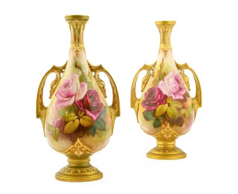 A Pair of Royal Worcester Porcelain Twin-Handled Vases, by Reginald Austin, 1919/1920, of pear form with swan-neck handles, p