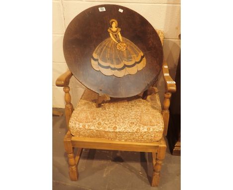 Oak framed armchair and a 1930s firescreen