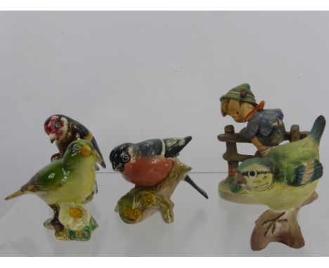 Four Beswick Garden Birds, including Goldfinch, Bullfinch, Greenfinch, Goebel figure of a boy and a Royal Crown Staffordshire