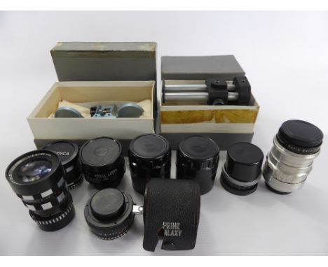 A Collection of Miscellaneous Vintage Lenses, including Meyer 3687423 Trioplan 2.8/100, Corfield 1:2.8/95 mm, Corfield 1:28/5