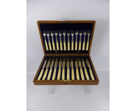 A Set of Twelve Silver Plated Bone Handled Knives and Forks, in an original oak case, together with silver plated Mappin & We