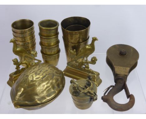 A Miscellaneous Collection of Brass Items, including two pheasant ornaments, ashtray in the shape of an almond nut, three com