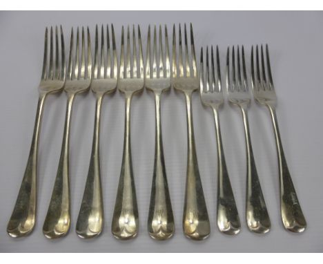 Six Large Silver Forks, Sheffield hallmark, mm Alexander Clark &amp; Co, dated 1904, approx 440 gms together with three small