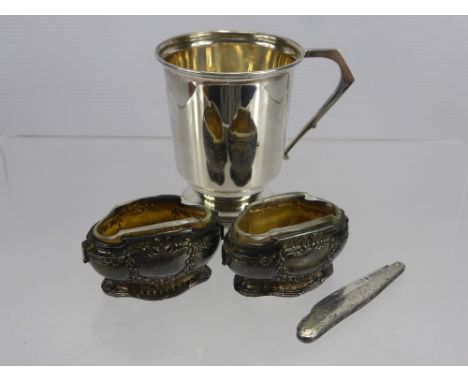 Quantity of Silver, including a Christening mug Birmingham hallmark, dated 1953, a pair of Continental silver salts with orig