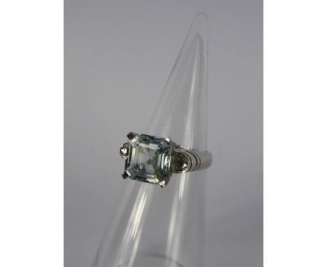 A 14 Ct  White Gold Square Cut Aquamarine Lady's Ring, aqua 10 mm, total wt 6.9 gms.