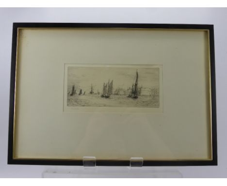 W.L. Wyllie, R.A., dry point etching entitled "Portsmouth Harbour", approx 22 x 10 cms, framed and glazed, signed in pencil l