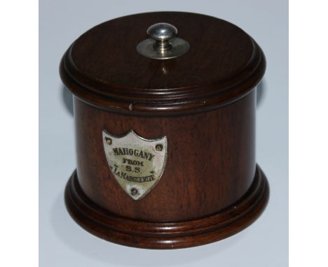 Maritime Interest - an early 20th century salvaged timber cylindrical tea caddy, applied with a plaque inscribed Mahogany fro
