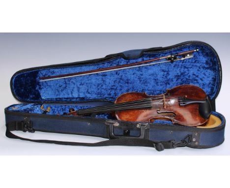 A 19th century violin, 35.6cm two-piece back excluding button, outlined with tramline purfling, carved scroll, rosewood tunin