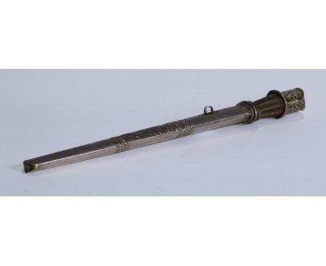 A Tibetan dagger, 26cm pointed single-edged blade, silvered hilt and scabbard, 35cm long overall 