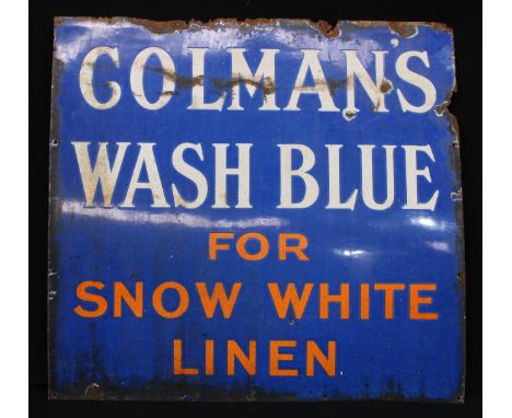 Advertising - an early 20th century enamel sign, Colman's Wash Blue, For Snow White Linen, 91cm x 97cm 