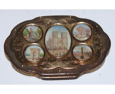 A 19th century French Palais Royale shaped oval purse, apllied with architectural miniatures of Paris landmarks, in watercolo