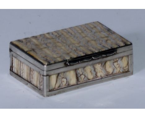 The Wunderkammer - a 19th century fossilised mammoth tooth rectangular snuff box, silver coloured metal mounts, hinged cover,