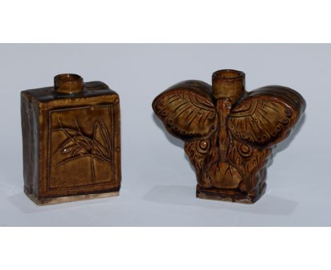 A Chinese monochrome tea caddy, as a butterfly, moulded and glazed in tones of mottled brown, 13.5cm high, impressed seal mar