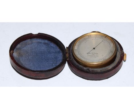 A Victorian gilt brass aneroid pocket barometer, 4.5cm silvered dial inscribed W Dixey, 241 Oxford Street, London, 6cm over l