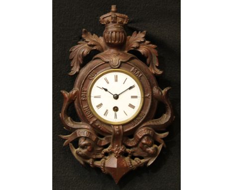 A 19th century armorial novelty cartel type wall timepiece, 8.5cm circular enamel clock dial inscribed with Roman numerals, s