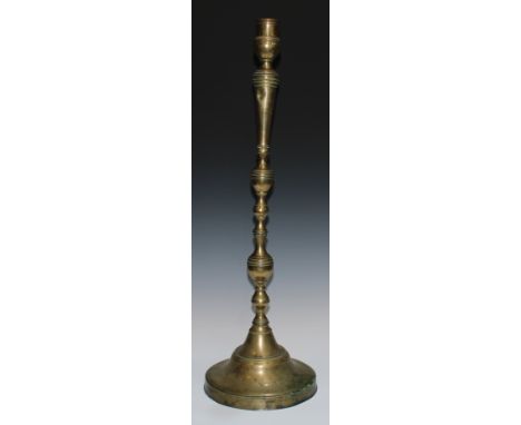 A large 19th century brass candlestick, campna sconce, knopped pillar, domed base, 75cm high 