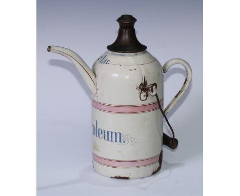 Automobilia - an early 20th century French enamel petrol can, inscribed Petroleum, 2Ltr, 28cm high, c.1910 