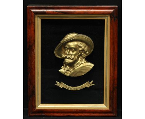 A 19th century gilt metal applique, cast as a titled portrait of Sir Anthony van Dyke, rosewood frame, 53cm x 42cm overall 