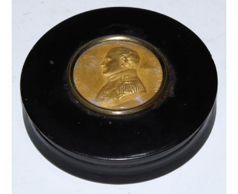 The Cult of Napoleon Bonaparte - a 19th century papier mache circular table snuff box, the push-fitting cover centred by a gi