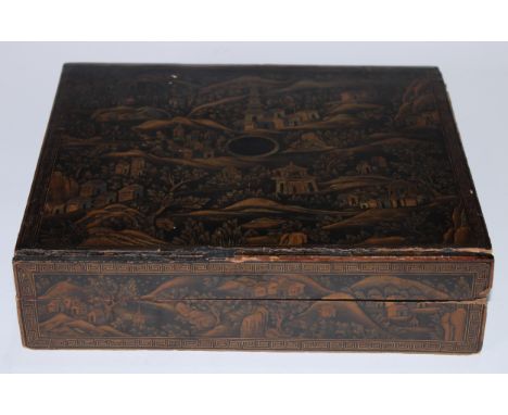 A 19th century Chinese export lacquer rectangular counter box, the cover decorated with pagodas and dwellings in an extensive