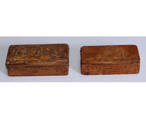 A 19th century pressed birch bark snuff box, hinged cover in relief with children, 10cm wide, c.1850; another, similar, with 