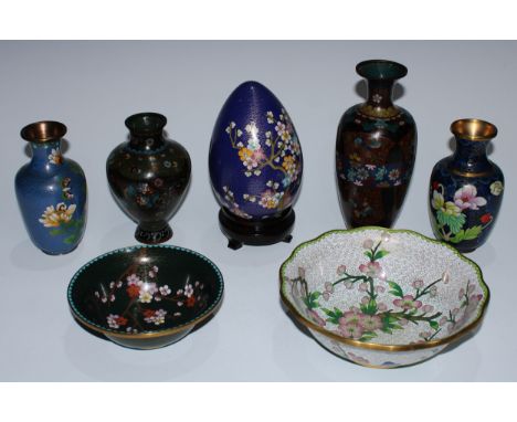 A Chinese cloisonne enamel bowl, decorated in polychrome with blossoming prunus, 20.5cm diam; another; vases; a large cloison