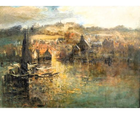 Alfred George Morgan (1848-1930). Whitby Harbour?, oil on canvas, signed, 50cm x 67cm.