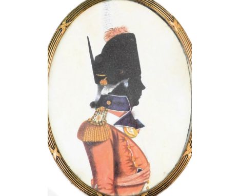 A military miniature of an infantry officer. Coloured lithograph, 9.5cm x 7cm (oval), in gilt metal frame.
