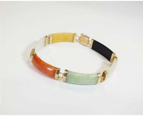 A jade panel bracelet, designed as six coloured jade panels all mounted in yellow metal, the Chinese character clasp stamped 