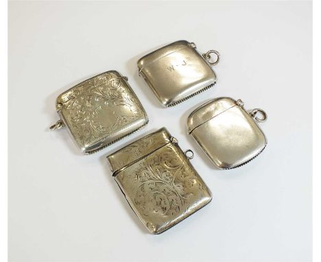 A silver vesta case, Joseph Gloster, Birmingham 1904, together with three further silver vesta cases; John Rose, Birmingham 1