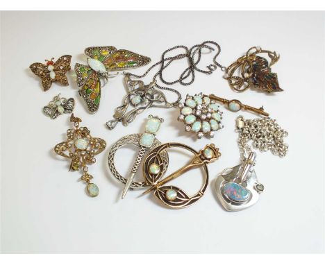 A collection of costume jewellery; comprising; an Arts &amp; Crafts style opal doublet pendant on chain stamped '925', a synt