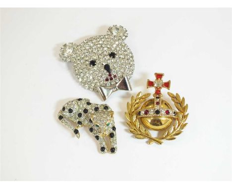 A Butler &amp; Wilson paste set teddy bear brooch, 45mm wide, together with a Cartier style paste set panther brooch, 40mm wi