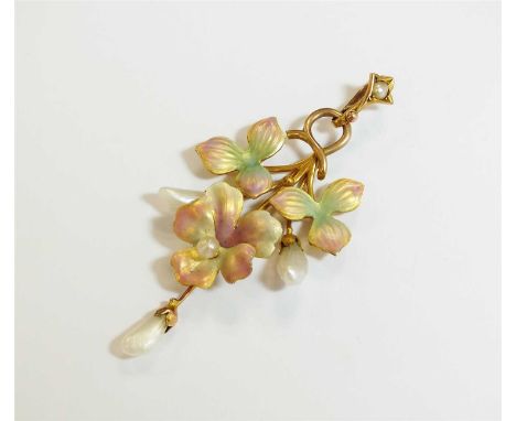 A late 19th century enamel and pearl pendant, designed as a central single seed pearl set pink and yellow ground matt enamel 
