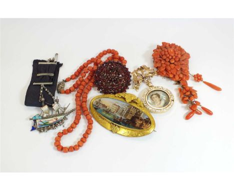 A small collection of jewellery, comprising; a uniform coral bead necklace with marcasite clasp, 48cm long, a coral cluster b