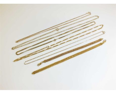 A collection of 9ct gold chains and bracelets, comprising; a A9ct yellow gold double curb link bracelet with lobster claw cla