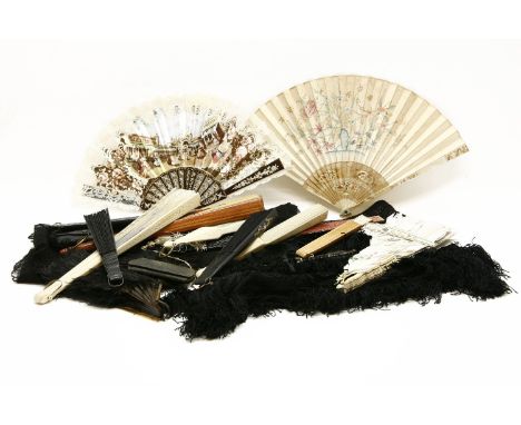 A collection of thirteen fans to include bone, mother of pearl and feather examples, together with two black lace shawls and 
