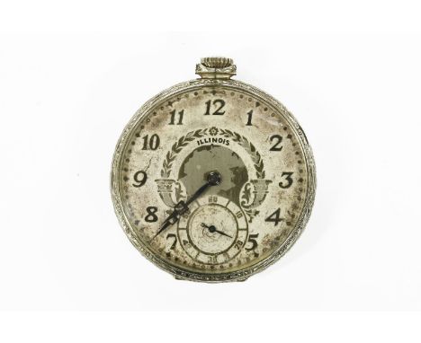 A rolled white gold Illinois masonic pocket watch, Arabic numerals, subsidiary seconds dial and purple enamel Masonic emblem 