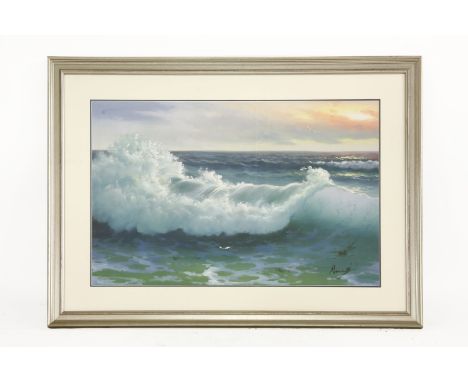 A large oil on canvas seascape, Wave breaking with seagull to the fore, indistinctly signed l.r., 62 x 97cm