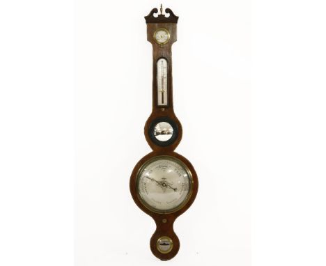 A 19th century mahogany banjo barometer, with swan neck pediment and silvered dials, and fitted with convex mirror, 95cm high