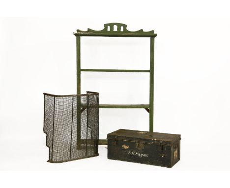 A green painted bookcase, 106cm wide, 280cm deep, 163cm high, together with a travel trunk, and a nursery guard