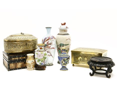 An Anglo-Indian quill box, an oval brass Indian box, a brass tea caddy, three small cloisonne vases, one lidded crackleware v